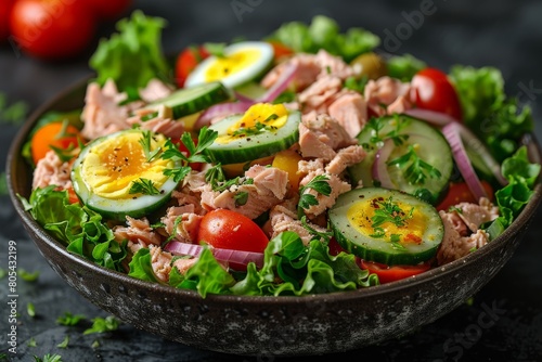 This vibrant tuna salad bowl is packed with fresh ingredients, like eggs, tomatoes, and olives, for a hearty meal © Dacha AI