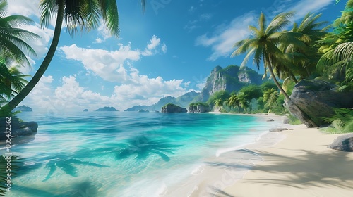 Virtual reality tropical paradise with palm-fringed beaches and crystal-clear waters  a digital escape to paradise.