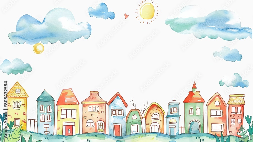 sunny day at happy cute village cartoonish page print frame or border design, with blank empty space for mock up message background sunny day at happy cute village cartoonish page print frame or border design, with blank empty space for mock up message background