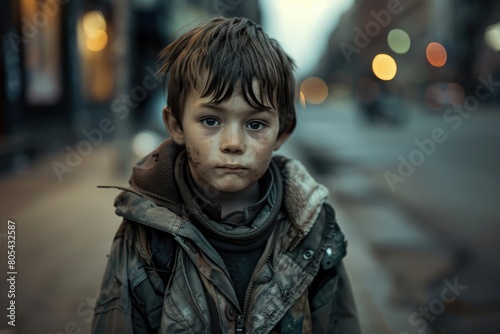 A boy dressed in old clothes on the street of the city. homeless, poor people © iloli