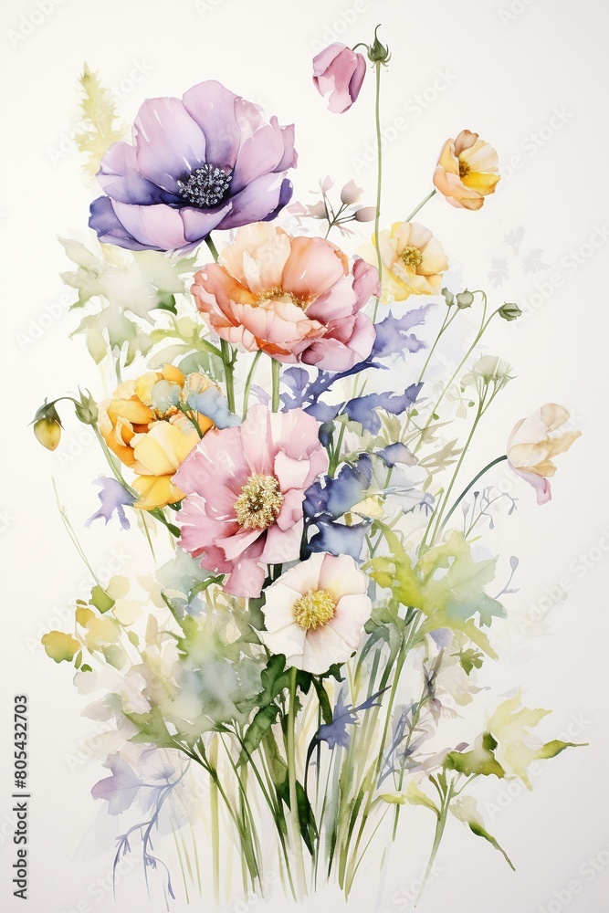 Graceful watercolor of mixed flowers including lisianthus and ammi, pastel tones against white, emphasizing a tranquil and joyful atmosphere ,  against pur white background