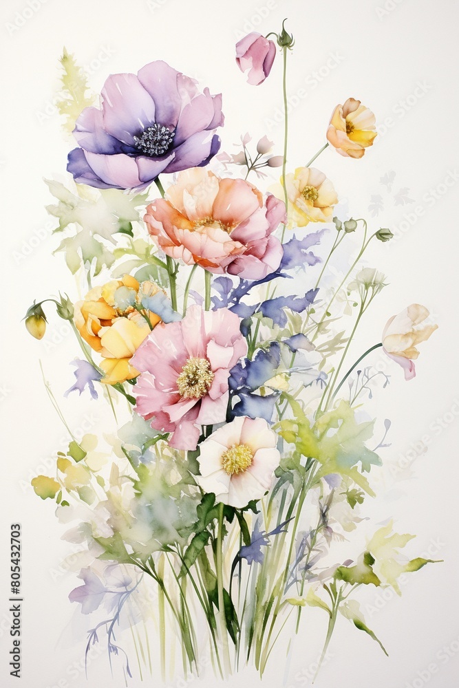 Graceful watercolor of mixed flowers including lisianthus and ammi, pastel tones against white, emphasizing a tranquil and joyful atmosphere , against pur white background Graceful watercolor of mixed flowers including lisianthus and ammi, pastel tones against white, emphasizing a tranquil and joyful atmosphere , against pur white background