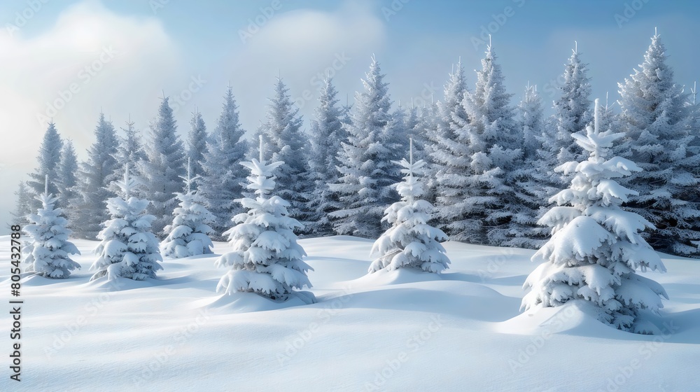 A beautiful winter landscape with snow-covered pine trees and a clear blue sky