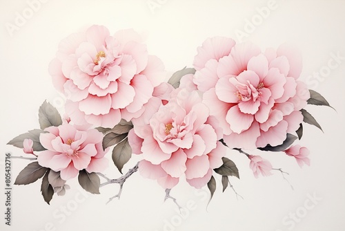 Graceful watercolor painting of Camellia and Yarrow, set against a clean white canvas, embodying physical healing through subtle hues ,  watercolor painting