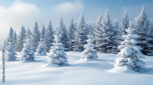 A beautiful winter landscape with snow-covered pine trees and a clear blue sky © Linus