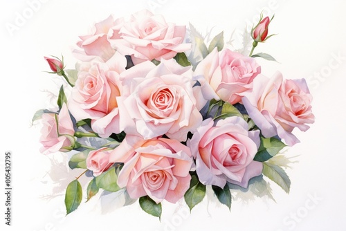 Pastel rose bouquet in watercolor, symbolizing love and courage, set against white for a fresh, airy composition , fresh and clean look