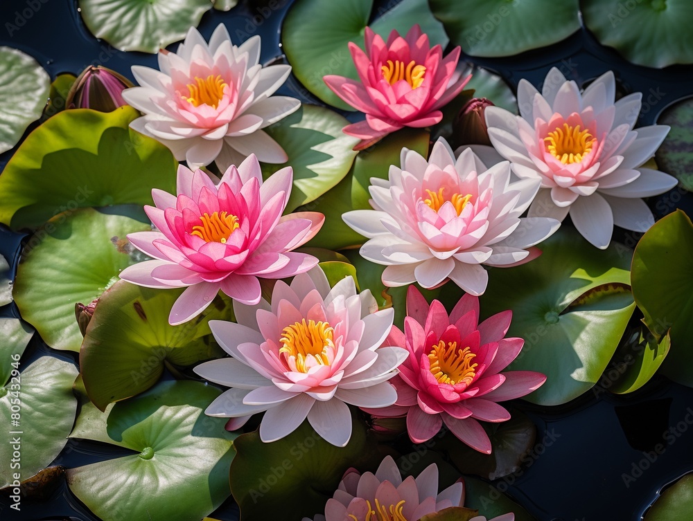 Vibrant lotus flowers, rich hues of pink and white, lush green leaves, sunlit pond setting , high resolution Vibrant lotus flowers, rich hues of pink and white, lush green leaves, sunlit pond setting , high resolution