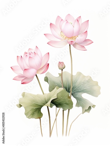 Tranquil watercolor depiction of a pink lotus  slender leaves  soft and pure against white    watercolor painting