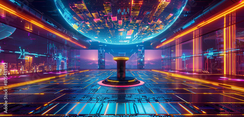 A VR simulation space where the ground is a dynamic, digital mesh, pulsating with neon colors. Above, a holographic dome displays a constantly shifting cybernetic skyline, 