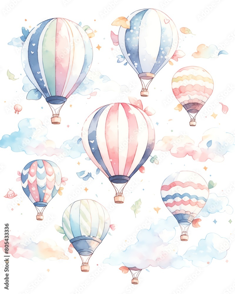 A beautiful watercolor painting of hot air balloons in pastel colors