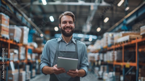 A Smiling Warehouse Worker with Tablet