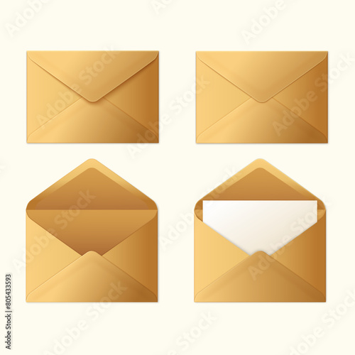 Realistic golden envelopes vector set in different positions. Clean gold luxury design.