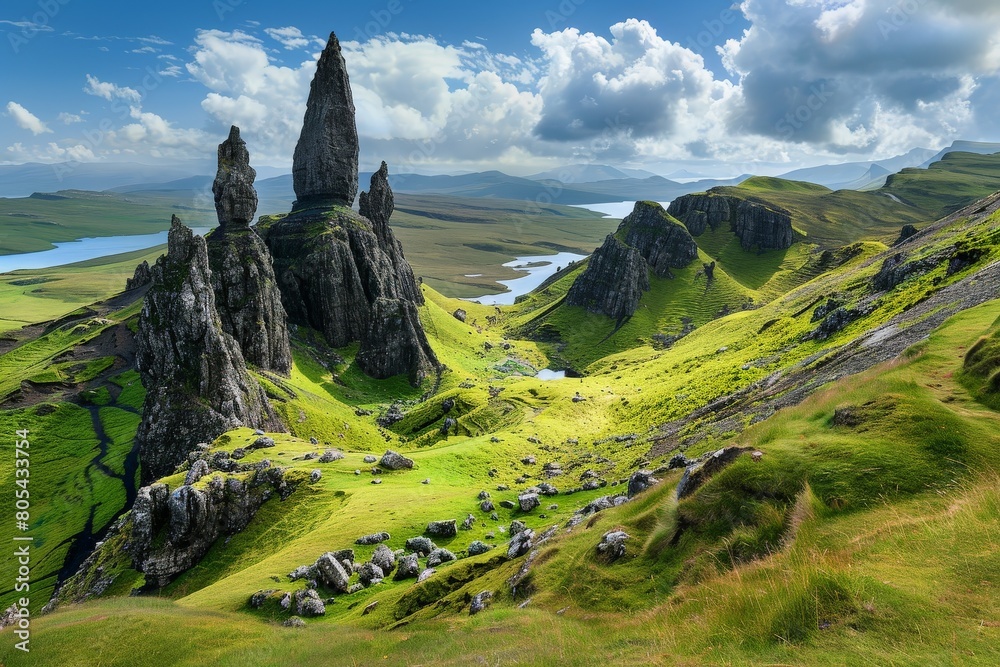 Obraz premium Sunset over green mountain with atlantic ocean, Faroe islands - Kallur lighthouse. Beautiful simple AI generated image in 4K, unique.