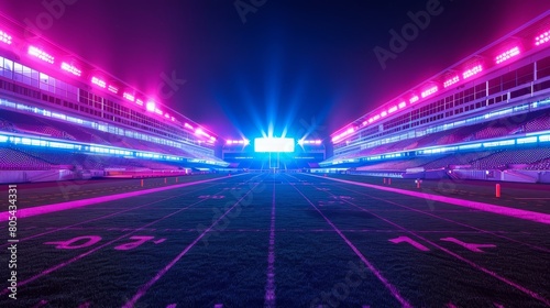 American Football Stadium Neon Lights  A photo of an empty American football stadium illuminated by neon lights