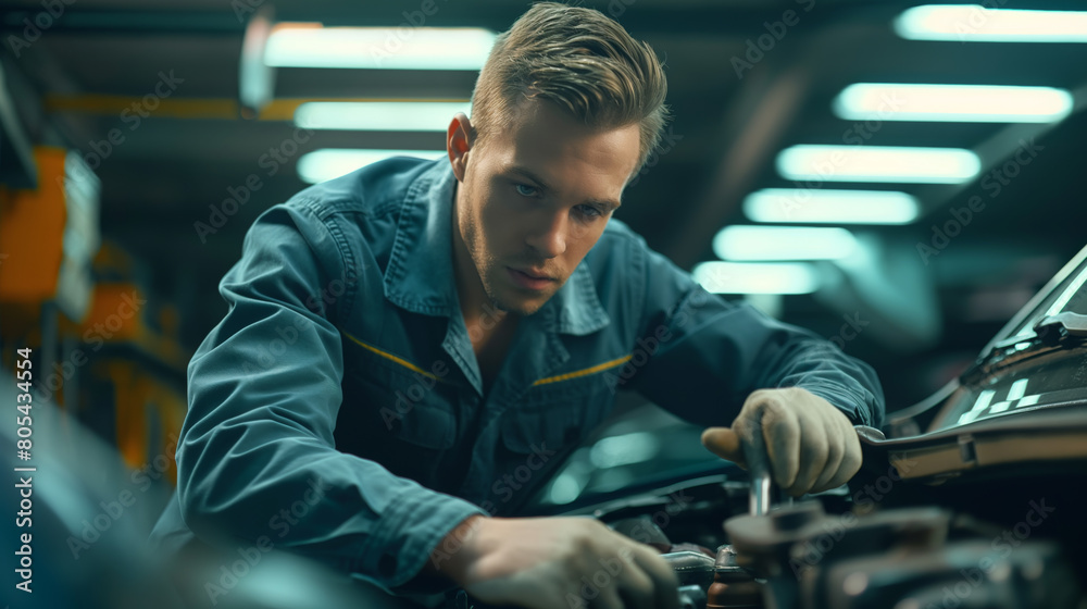 Auto mechanic fixes problems with car, replaces broken parts Auto mechanic fixes problems with car, replaces broken parts