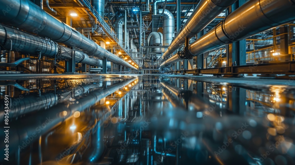 Industrial Elegance - Shimmering reflections on glossy factory pipes in moody industrial hall.