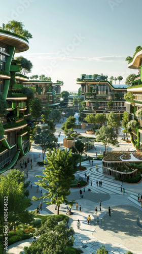 A visionary depiction of a city square  where innovative green buildings are interconnected by elevated walkways lined with trees  and public spaces are filled with community gardens  