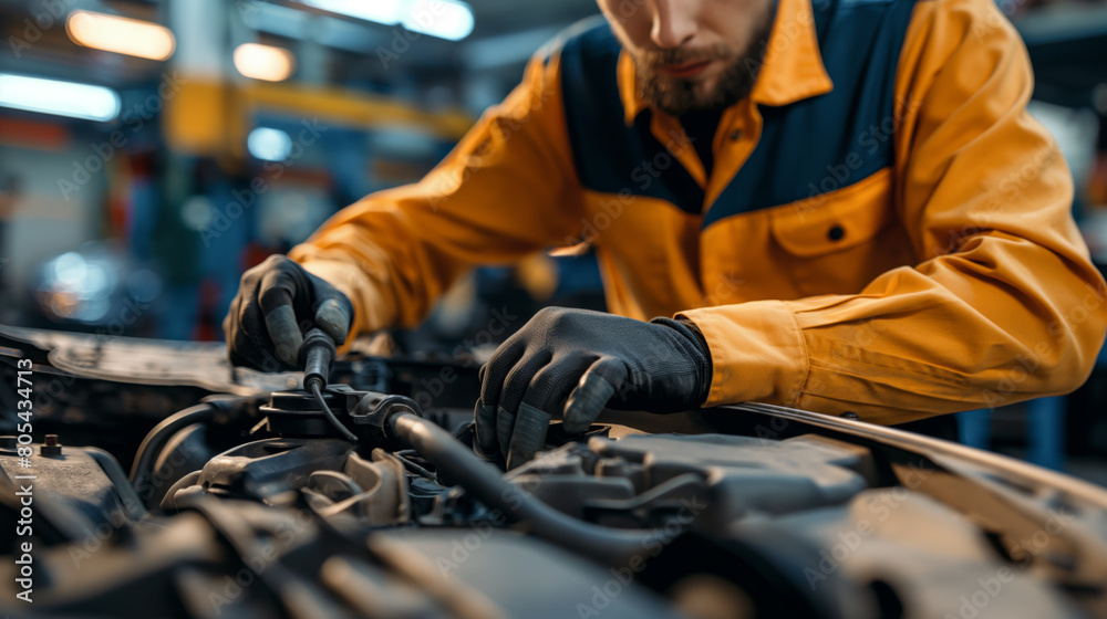 Auto mechanic fixes problems with car, replaces broken parts Auto mechanic fixes problems with car, replaces broken parts