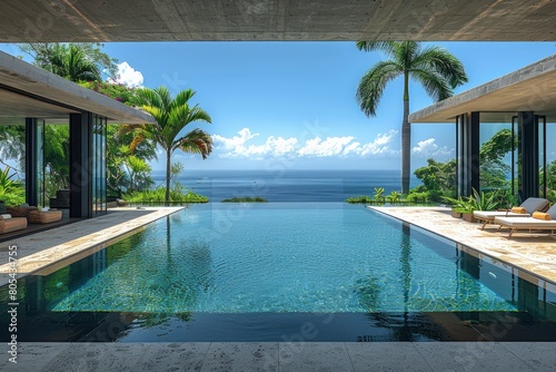 A large pool in the back of an open living room with floor to ceiling windows overlooking coconut palm trees and blue ocean water, a small island off in one side