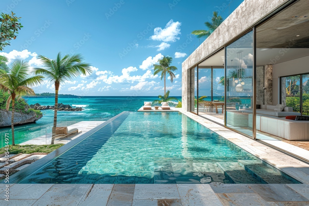 A large pool in the back of an open living room with floor to ceiling windows overlooking coconut palm trees and blue ocean water, a small island off in one side