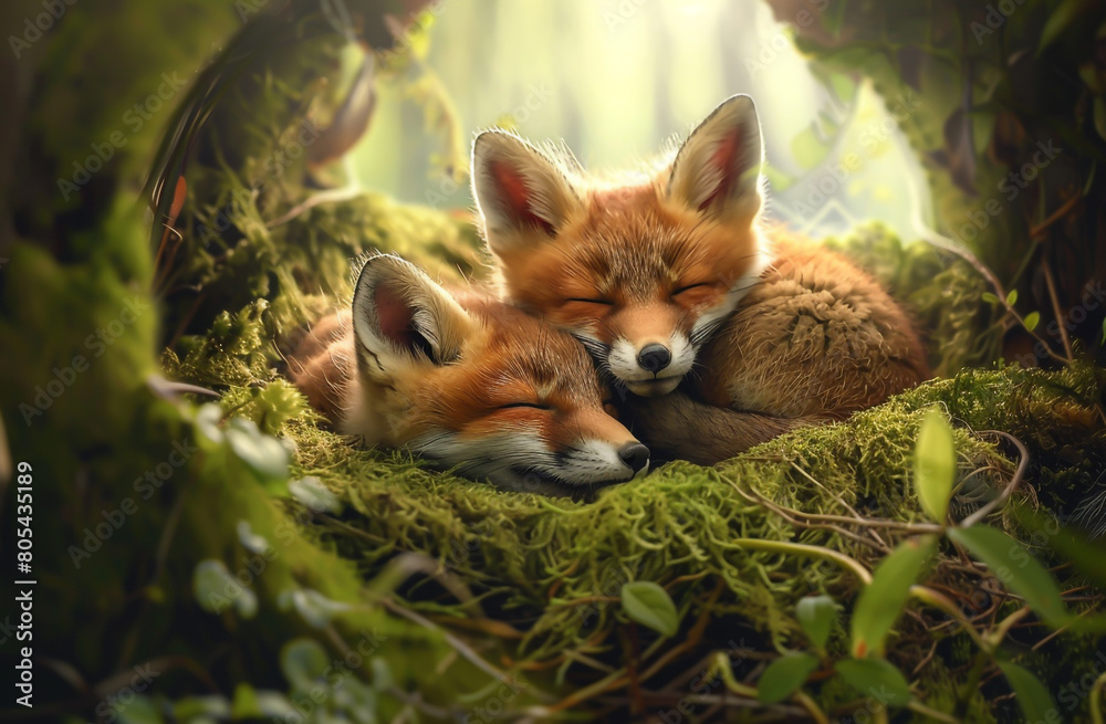 Fototapeta premium Photorealistic image of two fox cubs in a den