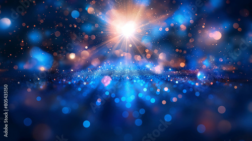 A bright light shines background through the blue sky, illuminating the blue and orange sky. The light is surrounded by a sea of glittering stars, creating a dreamy and ethereal atmosphere