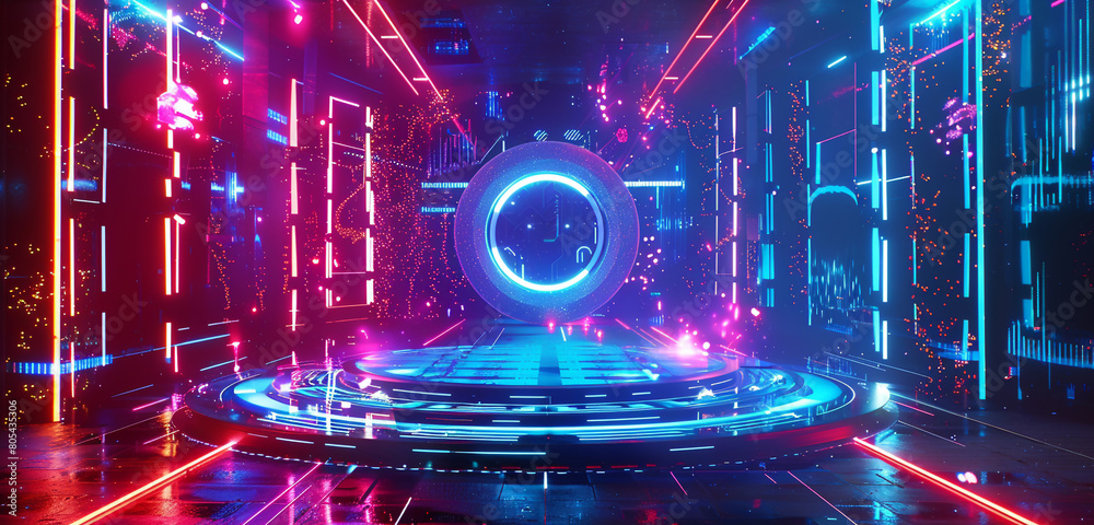 A virtual gaming podium, bathed in the glow of neon lights and digital effects, creating a portal between realities. The scene is a blend of futuristic technology and abstract art, 