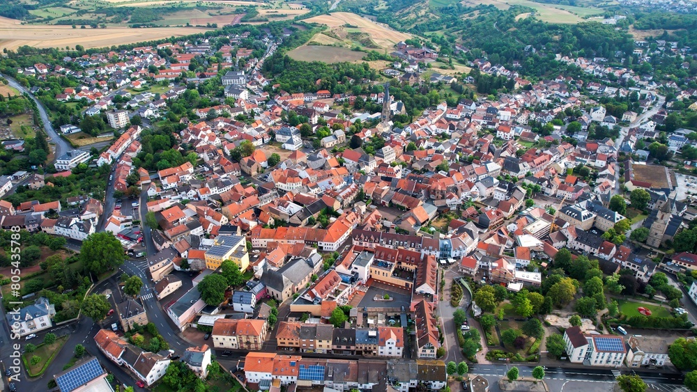 Aerial view of the old town of the city  Bad Sobernheim on a sunny spring day in Germany	