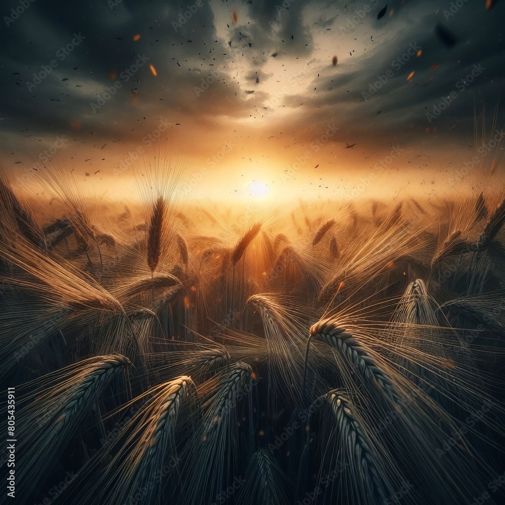 Dramatic Sunset Over Wheat Field with Dark Cloudy Sky and Golden Light Illuminating Grains