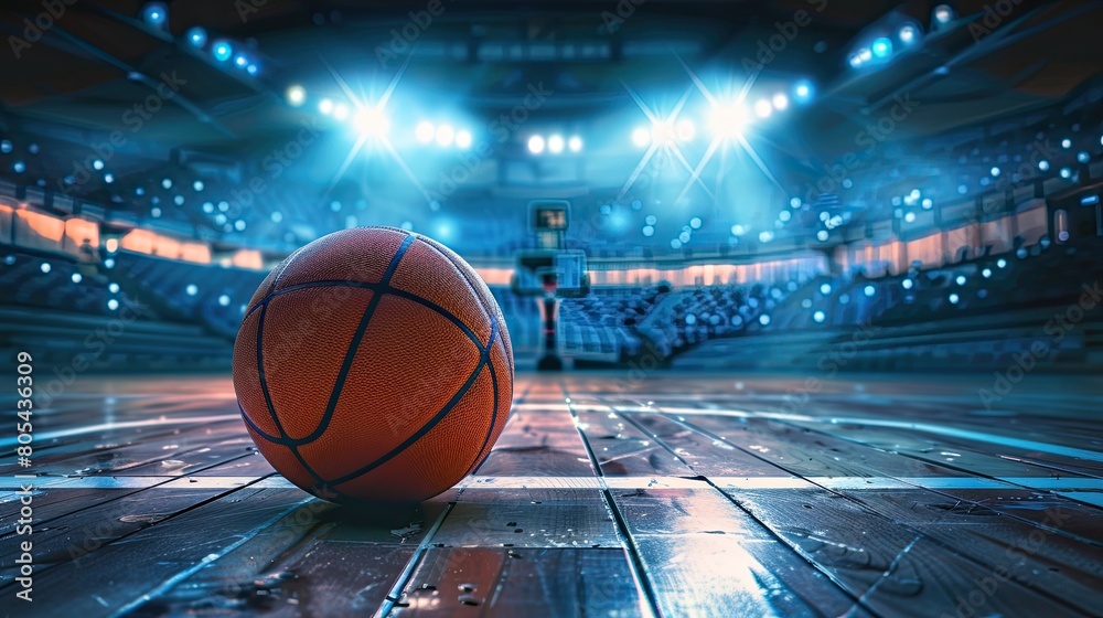 Basketball sport arena stadium court on spotlight with basketball on floor. sport background poster