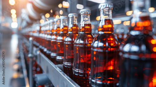 Amber Glass Bottles on Beverage Production Line in Factory photo