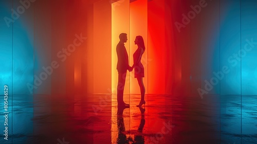 Two people standing face to face, red and blue background, 3D rendering