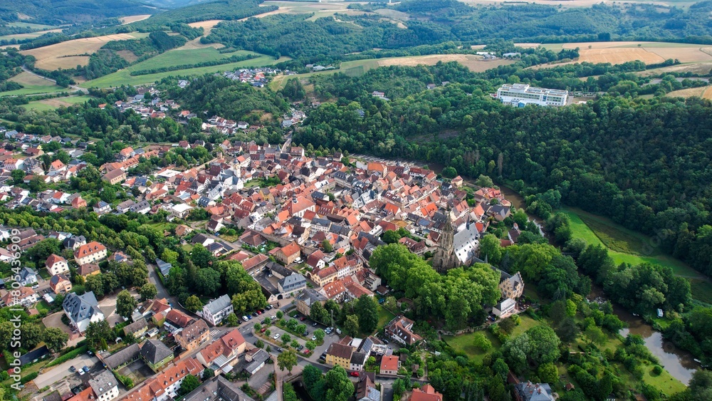 Aerial view around the old town of the city Meisenheim on a sunny day in Germany.