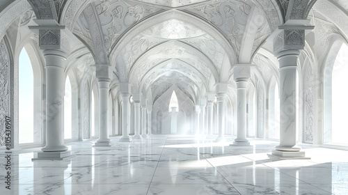 Arabian architecture interior with arches and columns. The walls have intricate patterns, and the floor is covered in white marble tiles