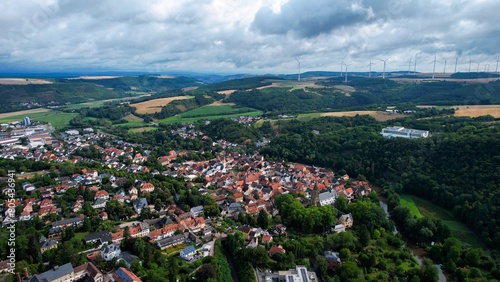 Aerial view around the old town of the city Meisenheim on a sunny day in Germany.