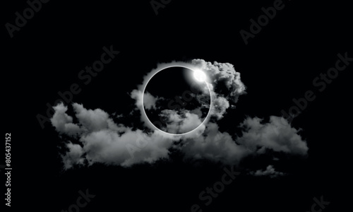 Total Solar Eclipse Illustration with cloud dark abstract background. Solar system. Big Crystal flare on the sun isolated black background. Magnetic storms on the sun. Astronomy science. Lunar cycle.