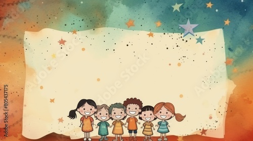 Card invitation background  A diverse group of children with curious expressions standing in front of a colorful sign