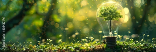 Young green tree in the middle of a light bulb, environmental protection and eco system, banner photo