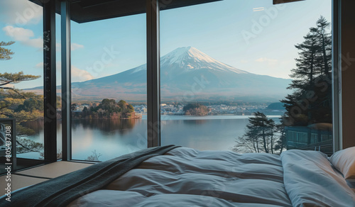 A mountain range is visible in the distance behind a bed with a blanket on it. The view is serene and peaceful, making it an ideal place to relax and unwind background