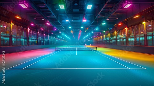 Tennis Courts Colorful Lights  A photo of empty tennis courts with colorful lights