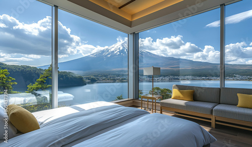 A bedroom with a large window overlooking a lake and mountains. The room has a cozy and relaxing atmosphere, with a bed, couch, and table. The view of the mountains background photo