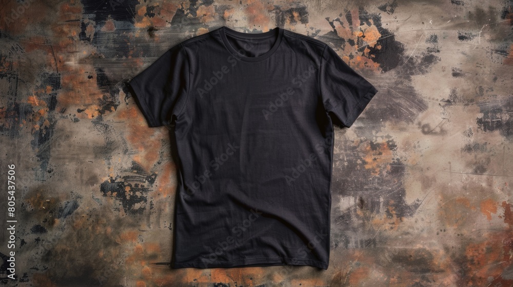 A black empty t-shirt mockup on a brown textured background A black empty t-shirt mockup on a brown textured background