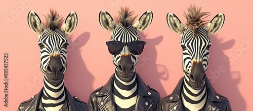 three funny zebras in leather jackets and sunglasses on pastel background  banner with copy space area 