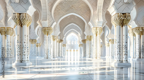 Arabian architecture interior with arches and columns. The walls have intricate patterns, and the floor is covered in white marble tiles photo