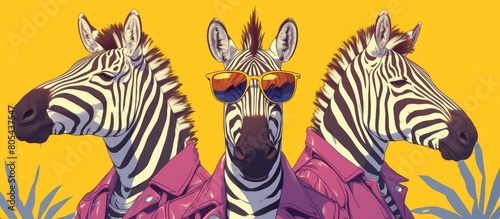 three funny zebras in purple leather jackets and sunglasses on solid background  minimalistic