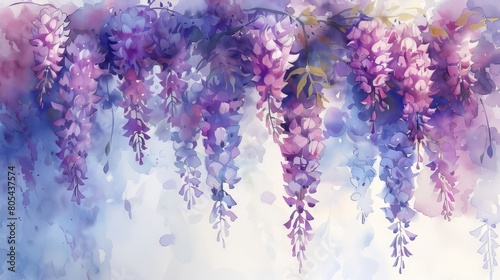 A beautiful watercolor painting of purple wisteria flowers.