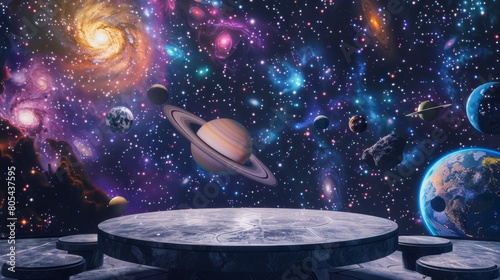 Blank podium mockup in front of a beautiful space scene with stars, planets, and galaxies background