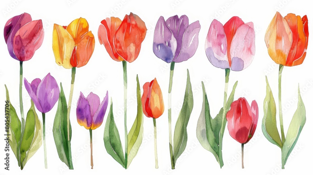 A variety of tulips, painted in watercolor, are arranged in a row against a white background. The tulips are of different colors, including pink, red, orange, purple, and yellow.