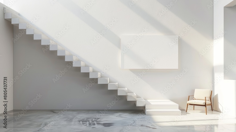 3D Minimalist staircase with a blank wall art mockup frame 3D Minimalist staircase with a blank wall art mockup frame