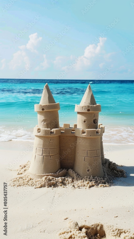 An elaborate sand castle stands on the sandy shore by the waters edge, blending into the natural landscape as a stunning piece of ephemeral art An elaborate sand castle stands on the sandy shore by the waters edge, blending into the natural landscape as a stunning piece of ephemeral art